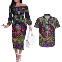Mardi Gras Crawfish Couples Matching Off The Shoulder Long Sleeve Dress and Hawaiian Shirt Let's Mardi Y'all - Wonder Print Shop