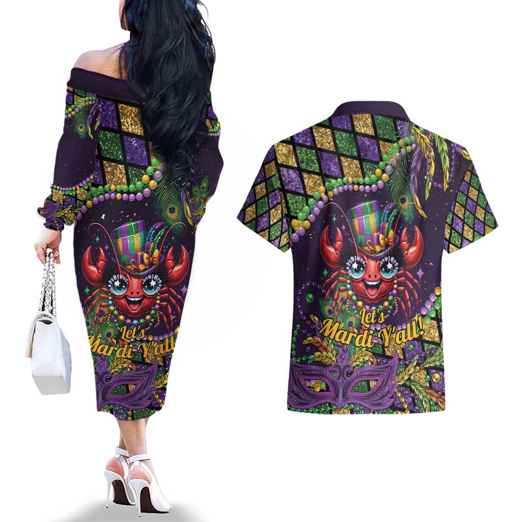 Mardi Gras Crawfish Couples Matching Off The Shoulder Long Sleeve Dress and Hawaiian Shirt Let's Mardi Y'all - Wonder Print Shop