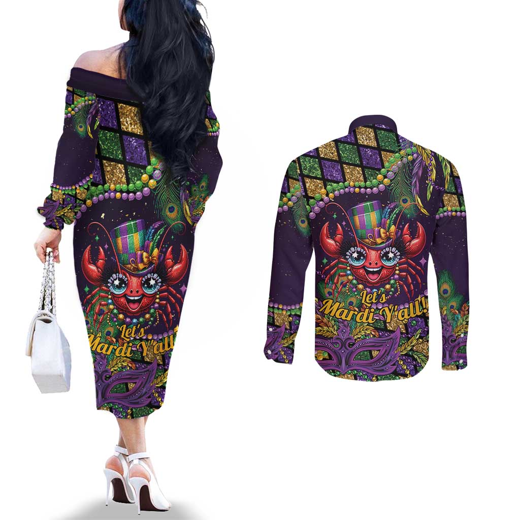 Mardi Gras Crawfish Couples Matching Off The Shoulder Long Sleeve Dress and Long Sleeve Button Shirt Let's Mardi Y'all - Wonder Print Shop