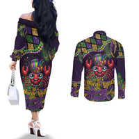 Mardi Gras Crawfish Couples Matching Off The Shoulder Long Sleeve Dress and Long Sleeve Button Shirt Let's Mardi Y'all - Wonder Print Shop