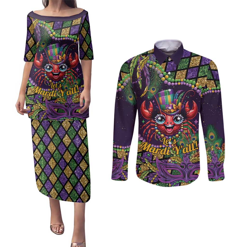 Mardi Gras Crawfish Couples Matching Puletasi and Long Sleeve Button Shirt Let's Mardi Y'all - Wonder Print Shop