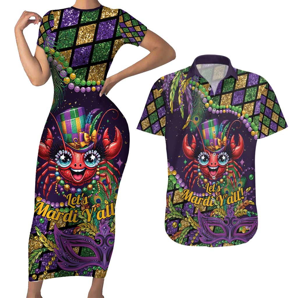 Mardi Gras Crawfish Couples Matching Short Sleeve Bodycon Dress and Hawaiian Shirt Let's Mardi Y'all - Wonder Print Shop