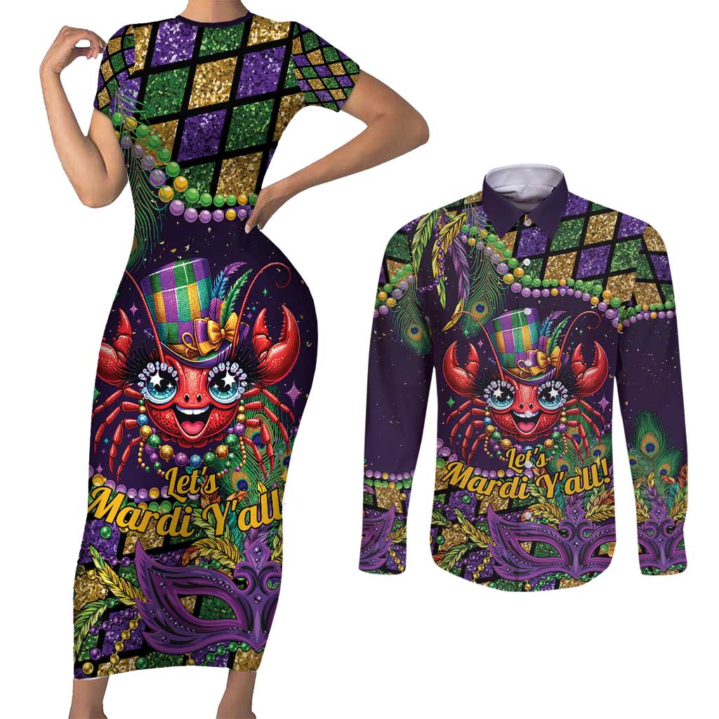 Mardi Gras Crawfish Couples Matching Short Sleeve Bodycon Dress and Long Sleeve Button Shirt Let's Mardi Y'all - Wonder Print Shop