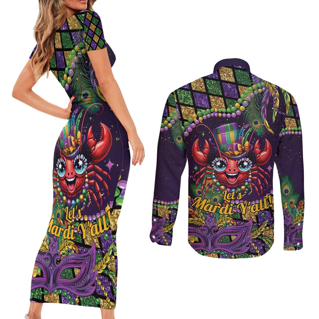 Mardi Gras Crawfish Couples Matching Short Sleeve Bodycon Dress and Long Sleeve Button Shirt Let's Mardi Y'all - Wonder Print Shop