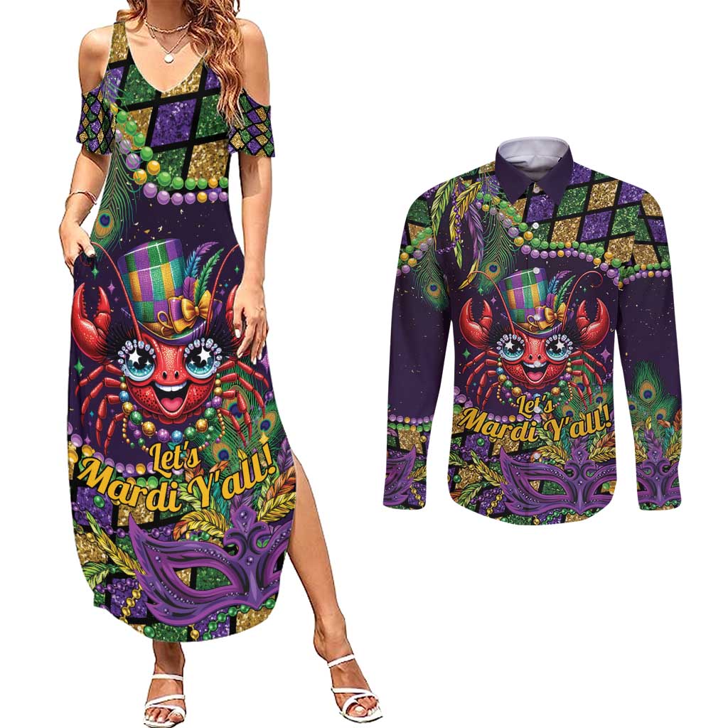 Mardi Gras Crawfish Couples Matching Summer Maxi Dress and Long Sleeve Button Shirt Let's Mardi Y'all - Wonder Print Shop