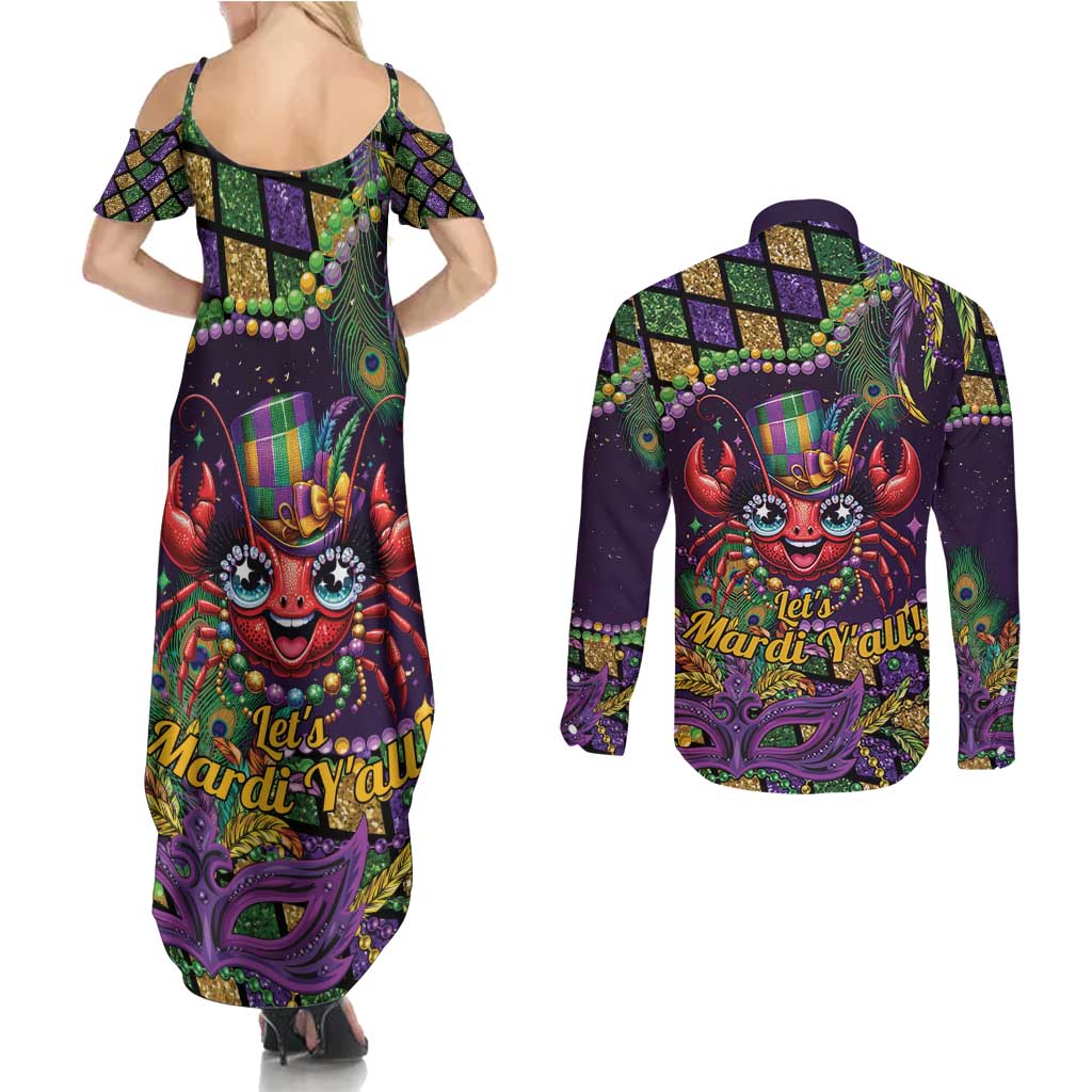 Mardi Gras Crawfish Couples Matching Summer Maxi Dress and Long Sleeve Button Shirt Let's Mardi Y'all - Wonder Print Shop