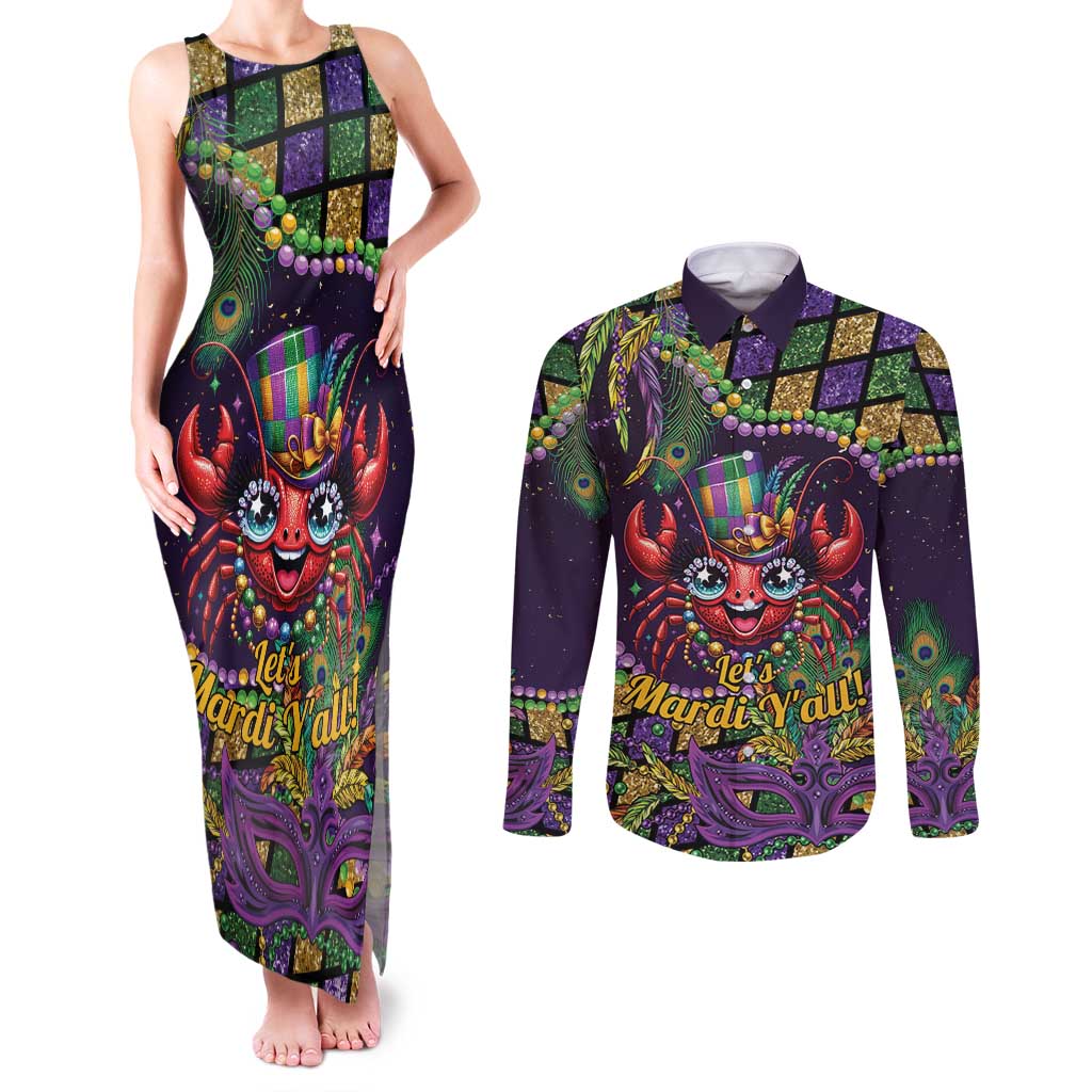 Mardi Gras Crawfish Couples Matching Tank Maxi Dress and Long Sleeve Button Shirt Let's Mardi Y'all - Wonder Print Shop