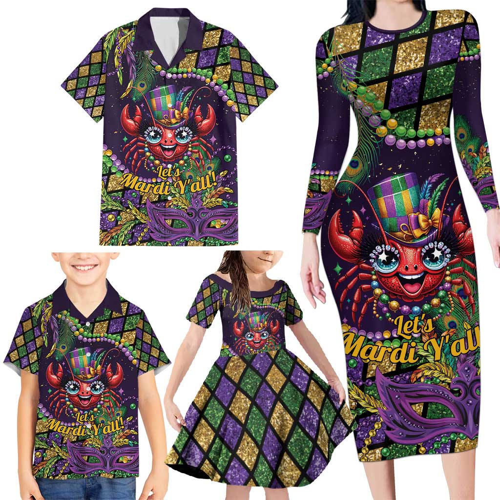 Mardi Gras Crawfish Family Matching Long Sleeve Bodycon Dress and Hawaiian Shirt Let's Mardi Y'all - Wonder Print Shop