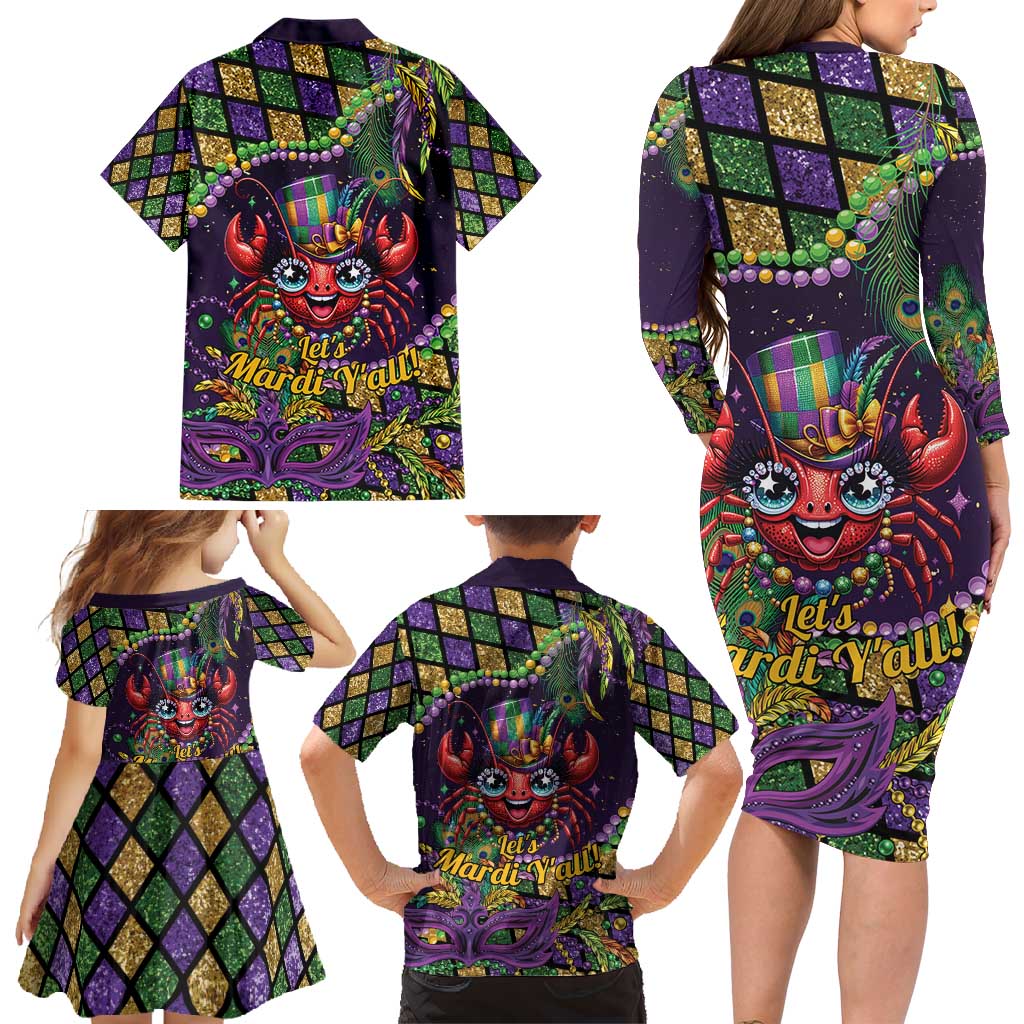 Mardi Gras Crawfish Family Matching Long Sleeve Bodycon Dress and Hawaiian Shirt Let's Mardi Y'all - Wonder Print Shop