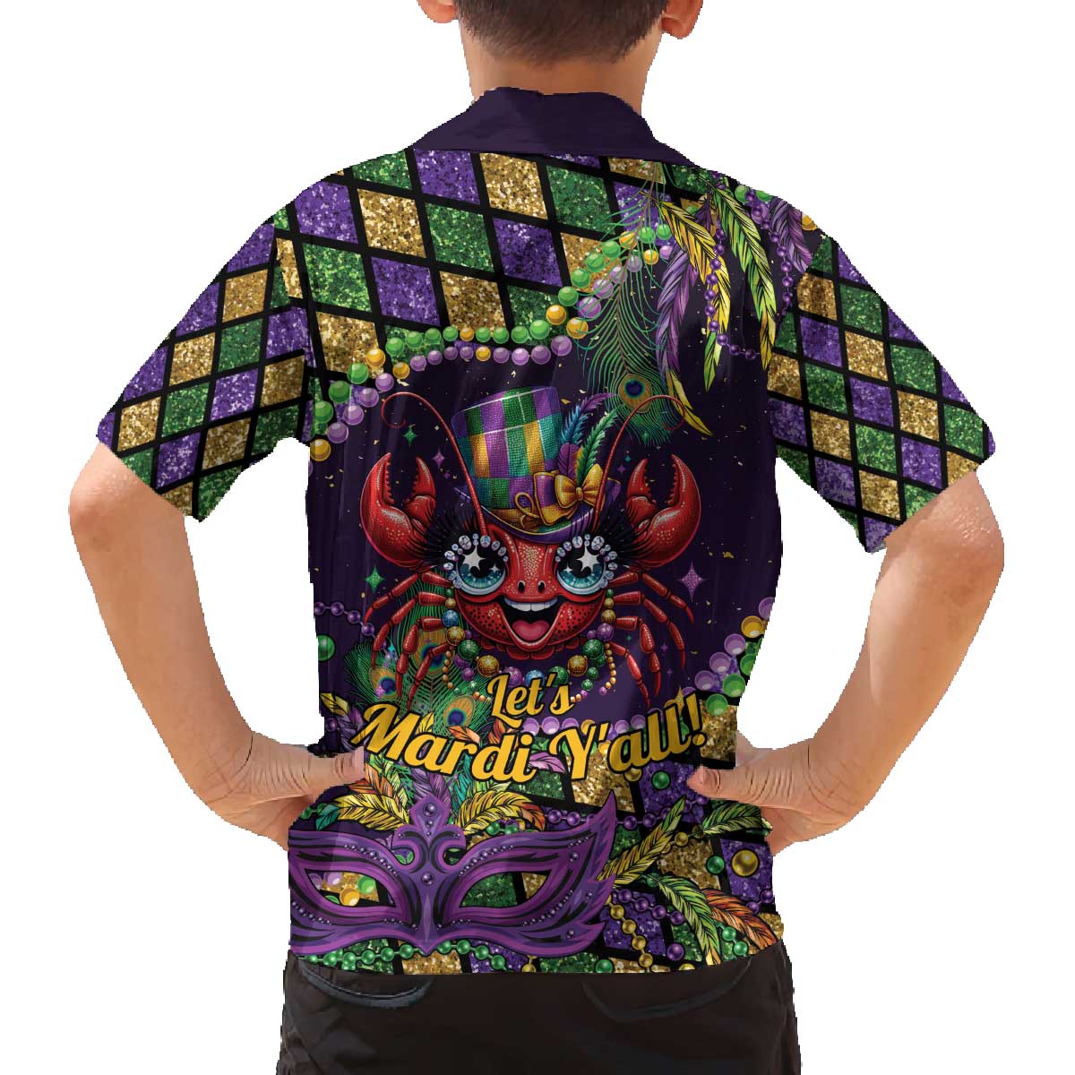 Mardi Gras Crawfish Family Matching Off The Shoulder Long Sleeve Dress and Hawaiian Shirt Let's Mardi Y'all - Wonder Print Shop