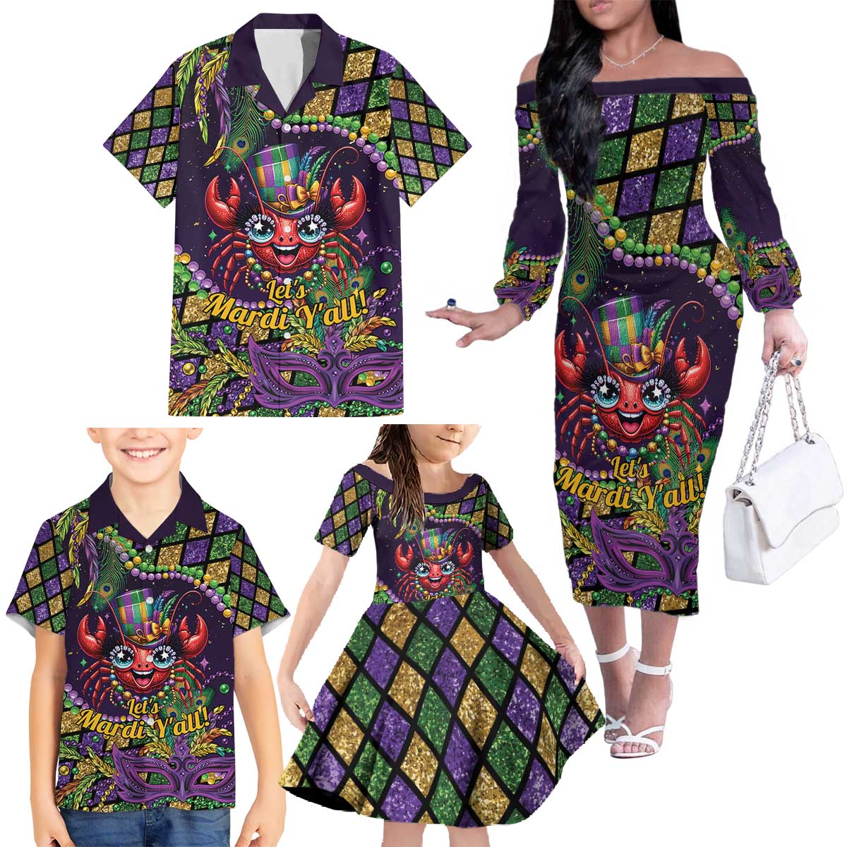 Mardi Gras Crawfish Family Matching Off The Shoulder Long Sleeve Dress and Hawaiian Shirt Let's Mardi Y'all - Wonder Print Shop