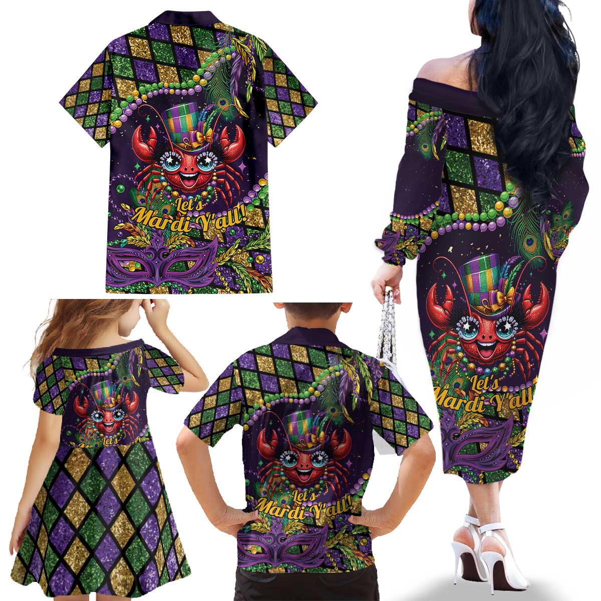 Mardi Gras Crawfish Family Matching Off The Shoulder Long Sleeve Dress and Hawaiian Shirt Let's Mardi Y'all - Wonder Print Shop