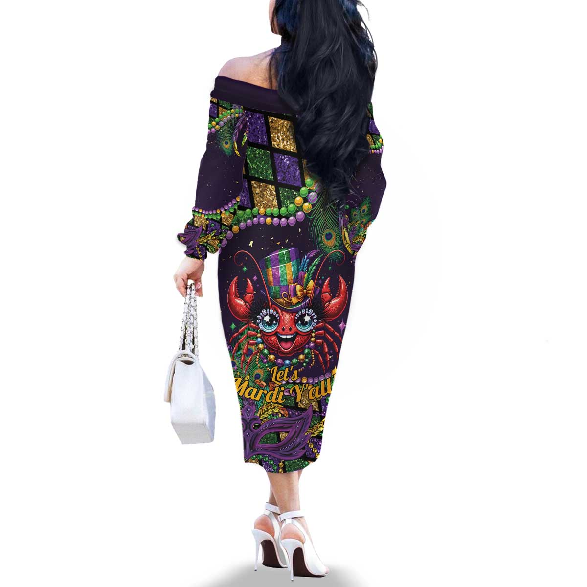 Mardi Gras Crawfish Family Matching Off The Shoulder Long Sleeve Dress and Hawaiian Shirt Let's Mardi Y'all - Wonder Print Shop