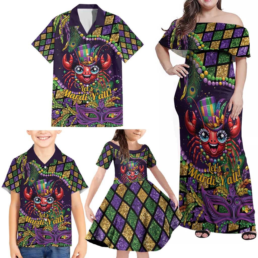 Mardi Gras Crawfish Family Matching Off Shoulder Maxi Dress and Hawaiian Shirt Let's Mardi Y'all - Wonder Print Shop