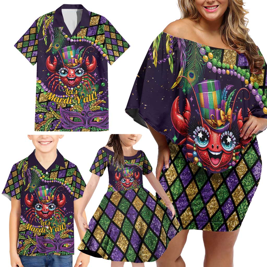 Mardi Gras Crawfish Family Matching Off Shoulder Short Dress and Hawaiian Shirt Let's Mardi Y'all - Wonder Print Shop