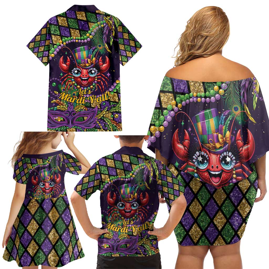 Mardi Gras Crawfish Family Matching Off Shoulder Short Dress and Hawaiian Shirt Let's Mardi Y'all - Wonder Print Shop