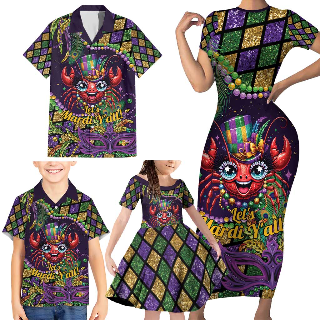 Mardi Gras Crawfish Family Matching Short Sleeve Bodycon Dress and Hawaiian Shirt Let's Mardi Y'all - Wonder Print Shop