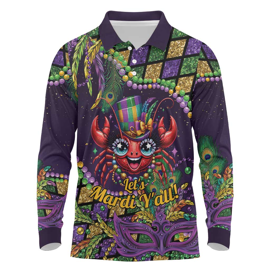 Mardi Gras Crawfish Long Sleeve Polo Shirt Let's Mardi Y'all - Wonder Print Shop