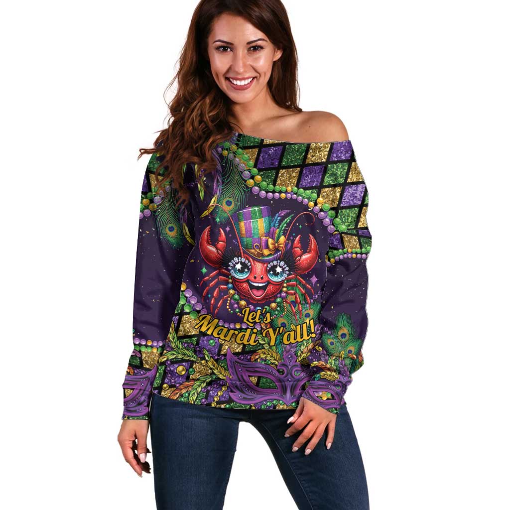 Mardi Gras Crawfish Off Shoulder Sweater Let's Mardi Y'all - Wonder Print Shop