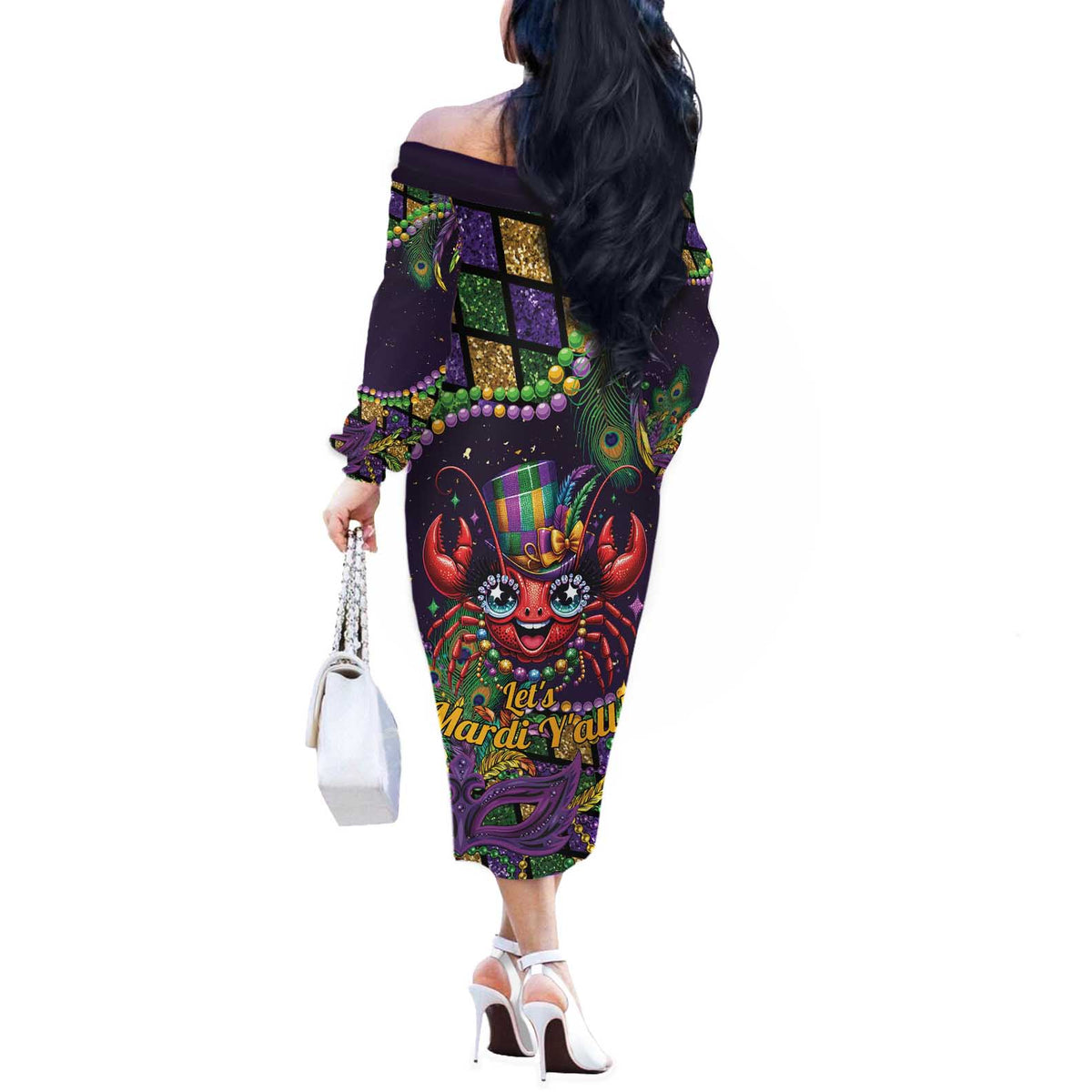 Mardi Gras Crawfish Off The Shoulder Long Sleeve Dress Let's Mardi Y'all - Wonder Print Shop