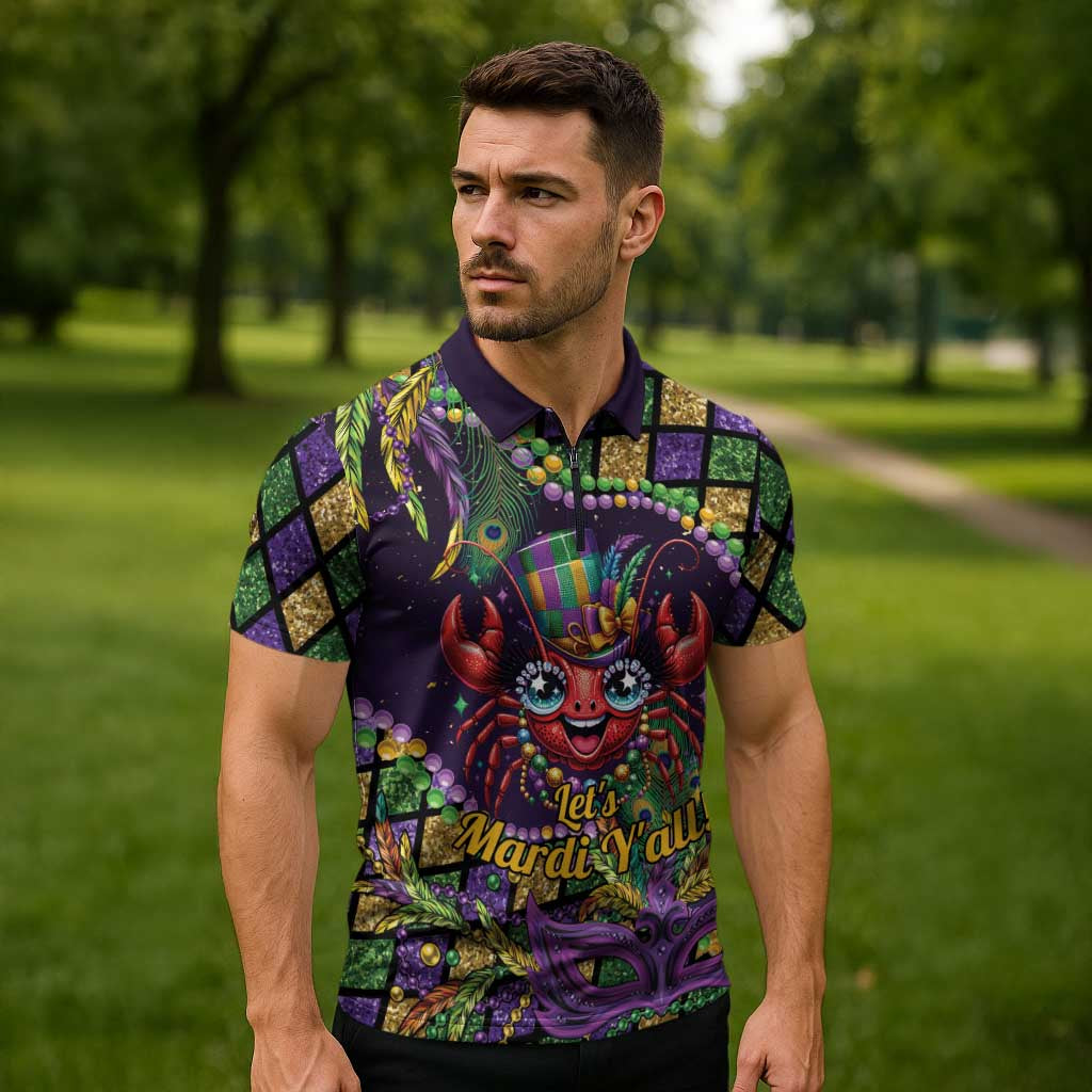 Mardi Gras Crawfish Zipper Polo Shirt Let's Mardi Y'all - Wonder Print Shop