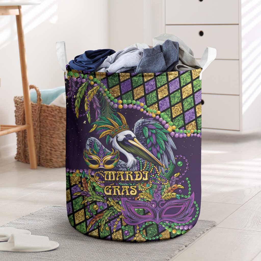Mardi Gras Pelican Laundry Basket Crowned Feathers Carnival Reign - Wonder Print Shop