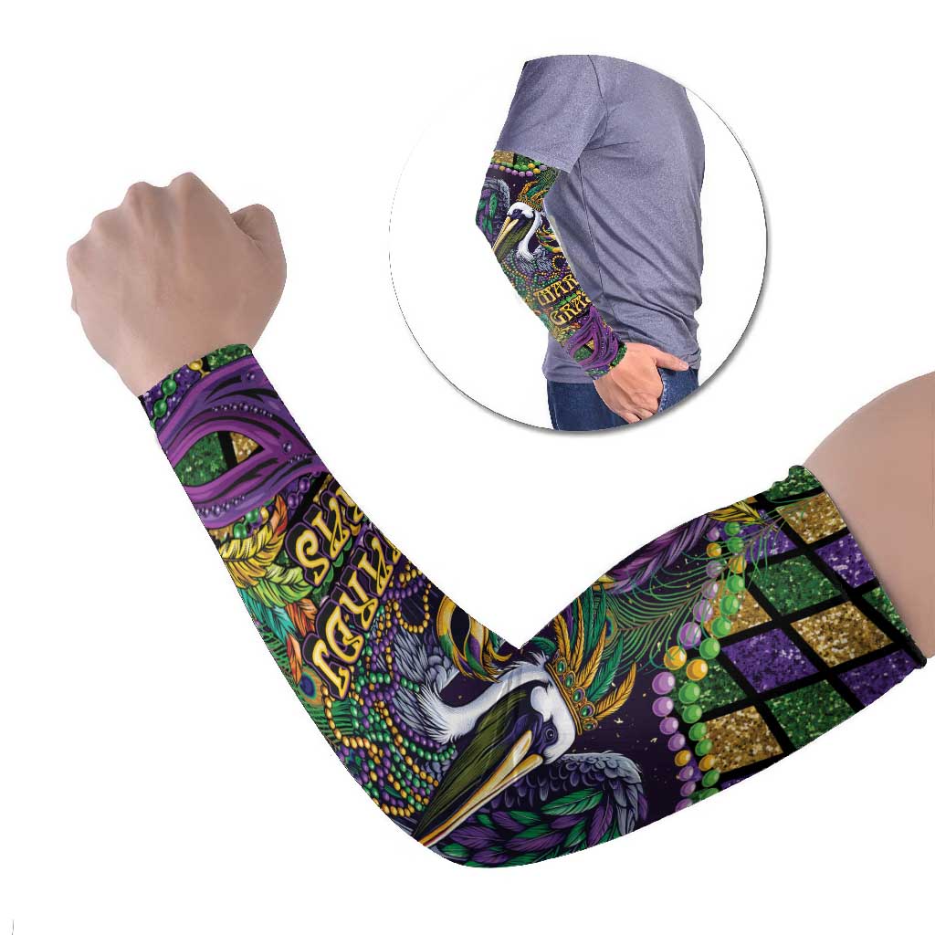 Mardi Gras Pelican Arm Sleeves Crowned Feathers Carnival Reign - Wonder Print Shop