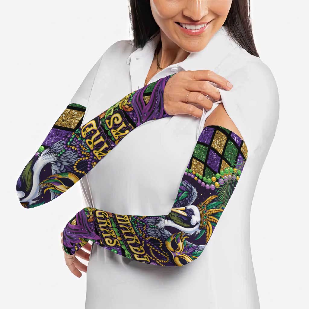Mardi Gras Pelican Arm Sleeves Crowned Feathers Carnival Reign - Wonder Print Shop