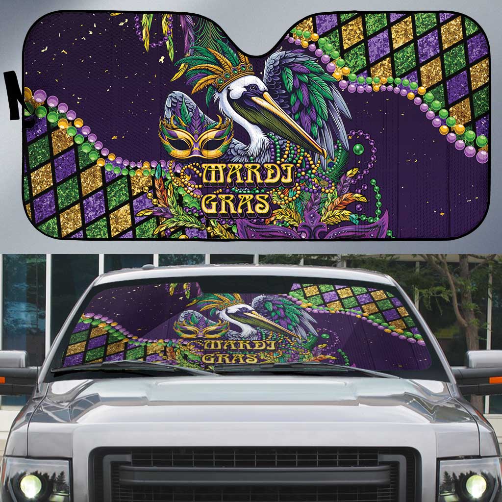 Mardi Gras Pelican Auto Sun Shade Crowned Feathers Carnival Reign - Wonder Print Shop