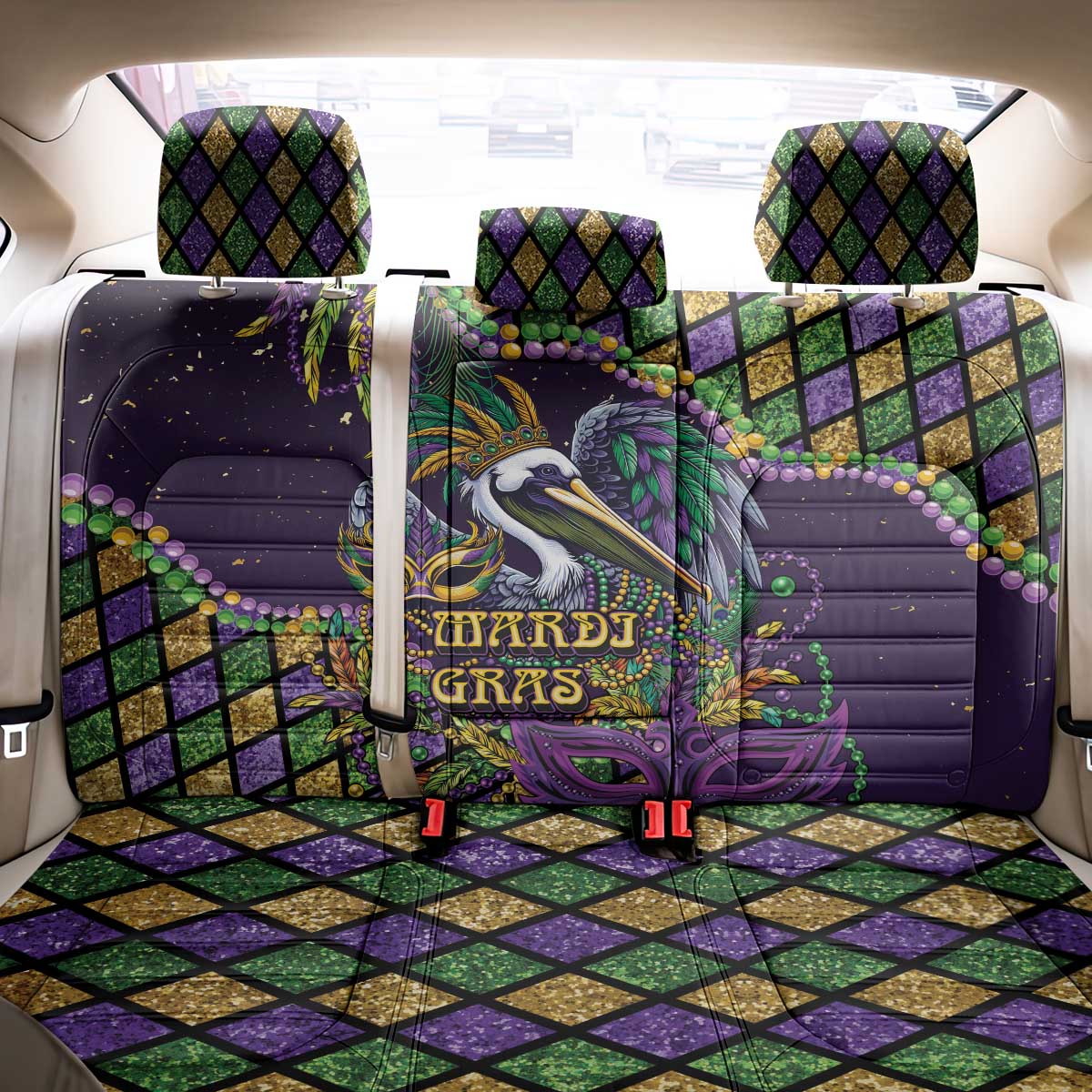 Mardi Gras Pelican Back Car Seat Cover Crowned Feathers Carnival Reign - Wonder Print Shop
