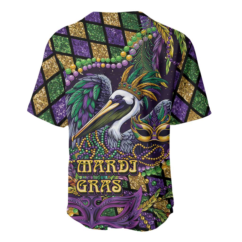 Mardi Gras Pelican Baseball Jersey Crowned Feathers Carnival Reign - Wonder Print Shop