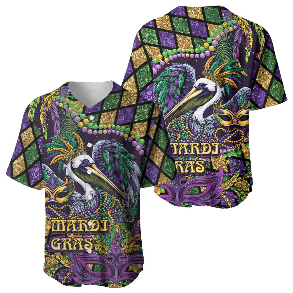 Mardi Gras Pelican Baseball Jersey Crowned Feathers Carnival Reign - Wonder Print Shop