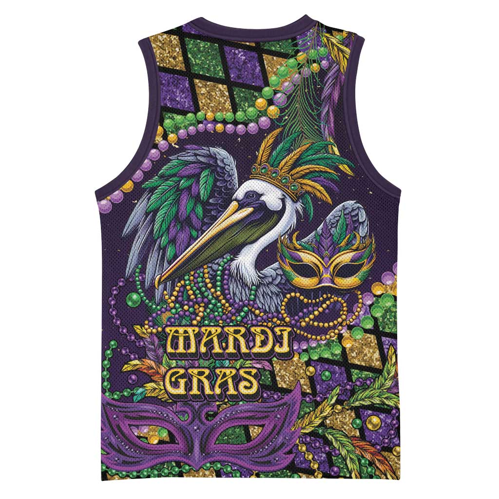Mardi Gras Pelican Basketball Jersey Crowned Feathers Carnival Reign - Wonder Print Shop