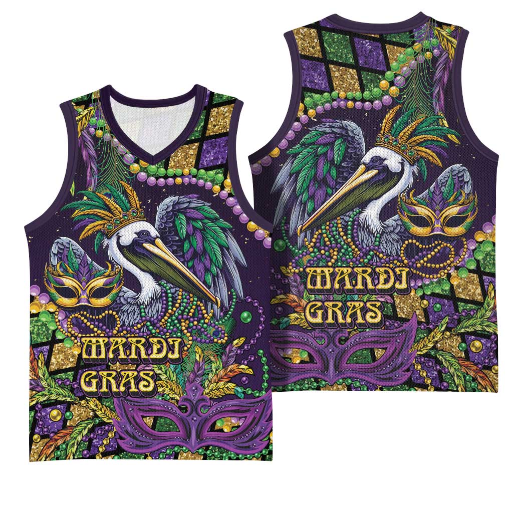 Mardi Gras Pelican Basketball Jersey Crowned Feathers Carnival Reign - Wonder Print Shop