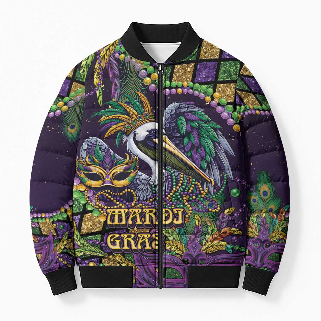 Mardi Gras Pelican Bomber Puffer Jacket Crowned Feathers Carnival Reign - Wonder Print Shop