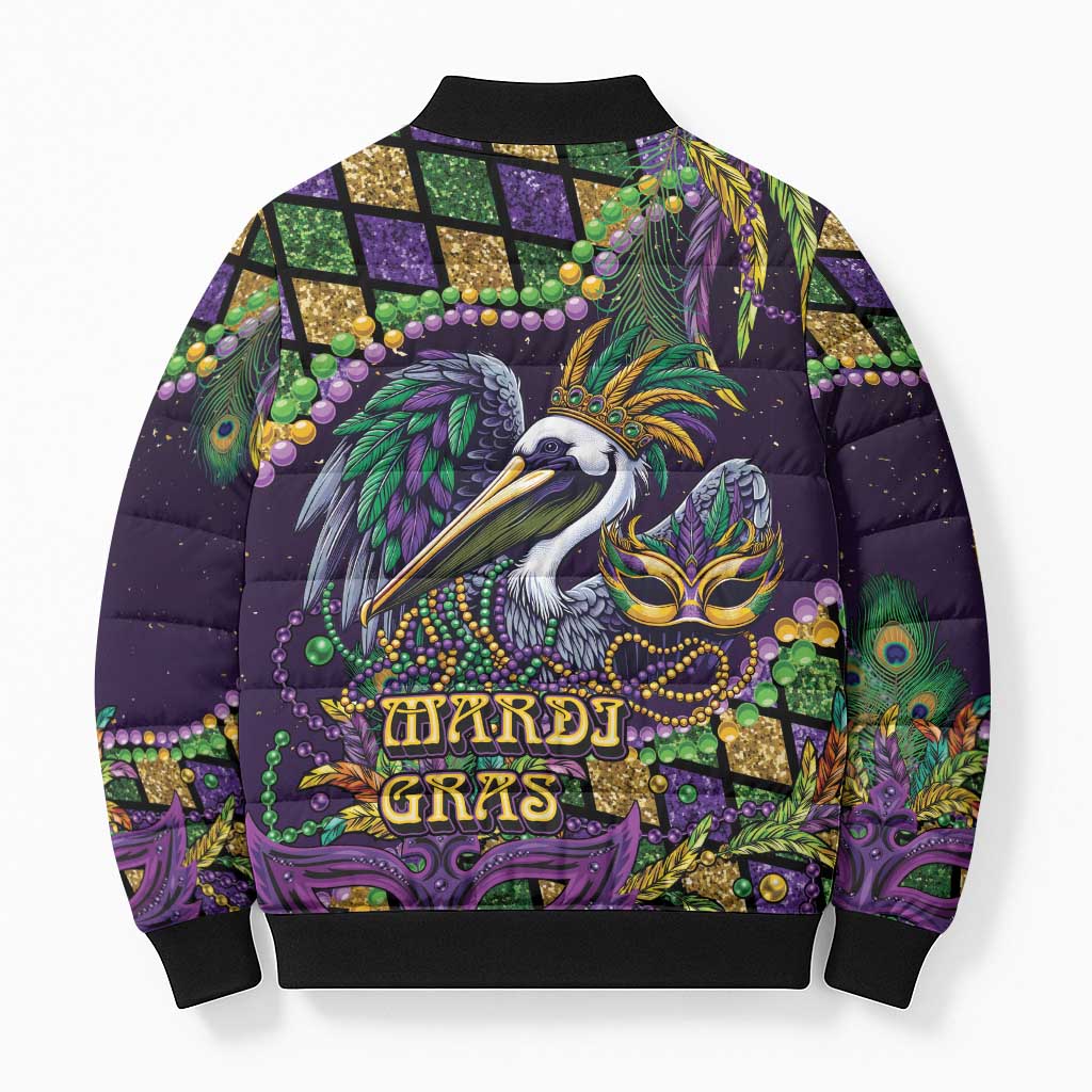 Mardi Gras Pelican Bomber Puffer Jacket Crowned Feathers Carnival Reign - Wonder Print Shop