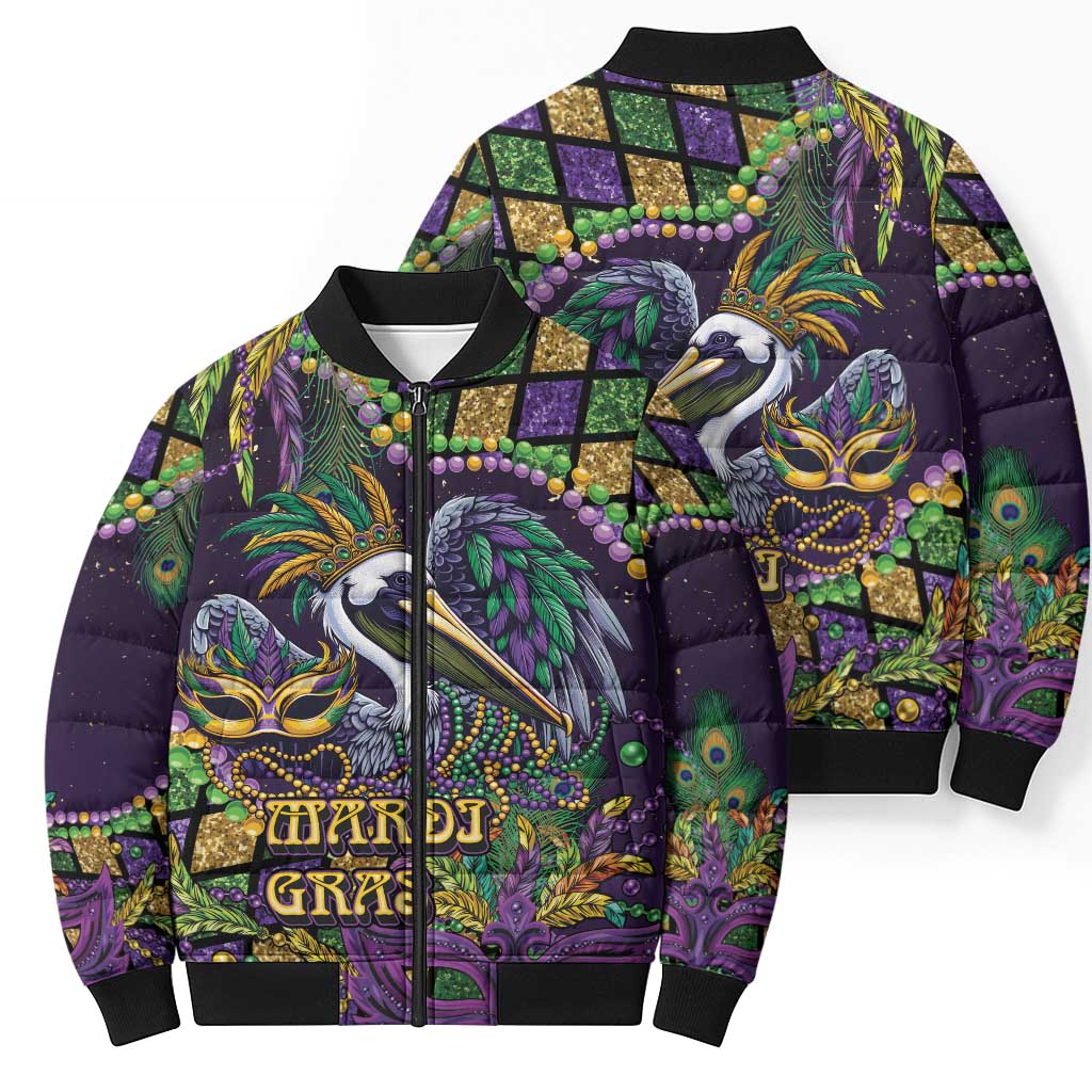 Mardi Gras Pelican Bomber Puffer Jacket Crowned Feathers Carnival Reign - Wonder Print Shop