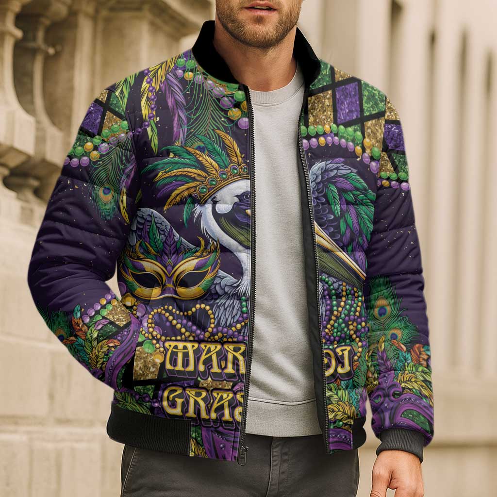 Mardi Gras Pelican Bomber Puffer Jacket Crowned Feathers Carnival Reign - Wonder Print Shop