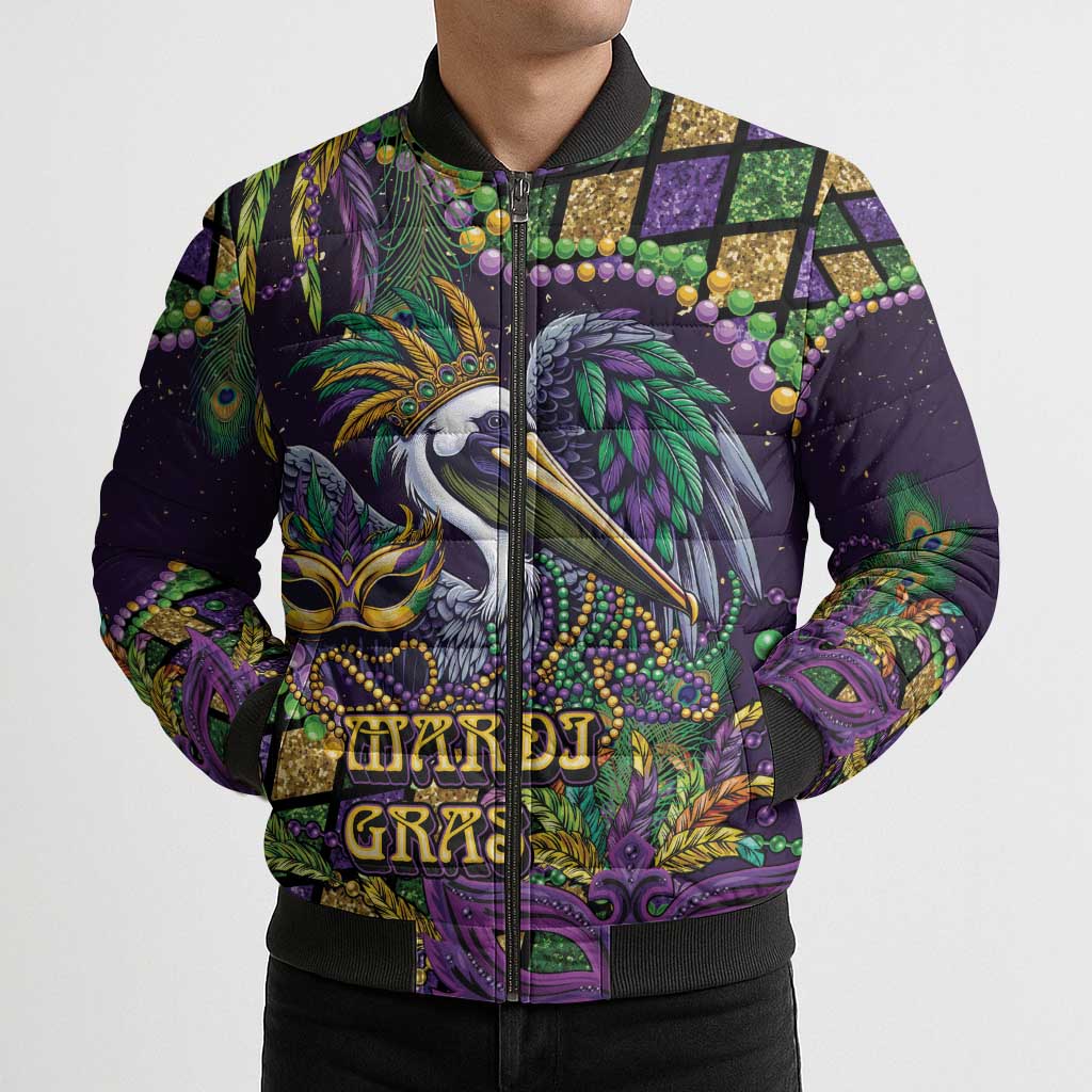 Mardi Gras Pelican Bomber Puffer Jacket Crowned Feathers Carnival Reign - Wonder Print Shop