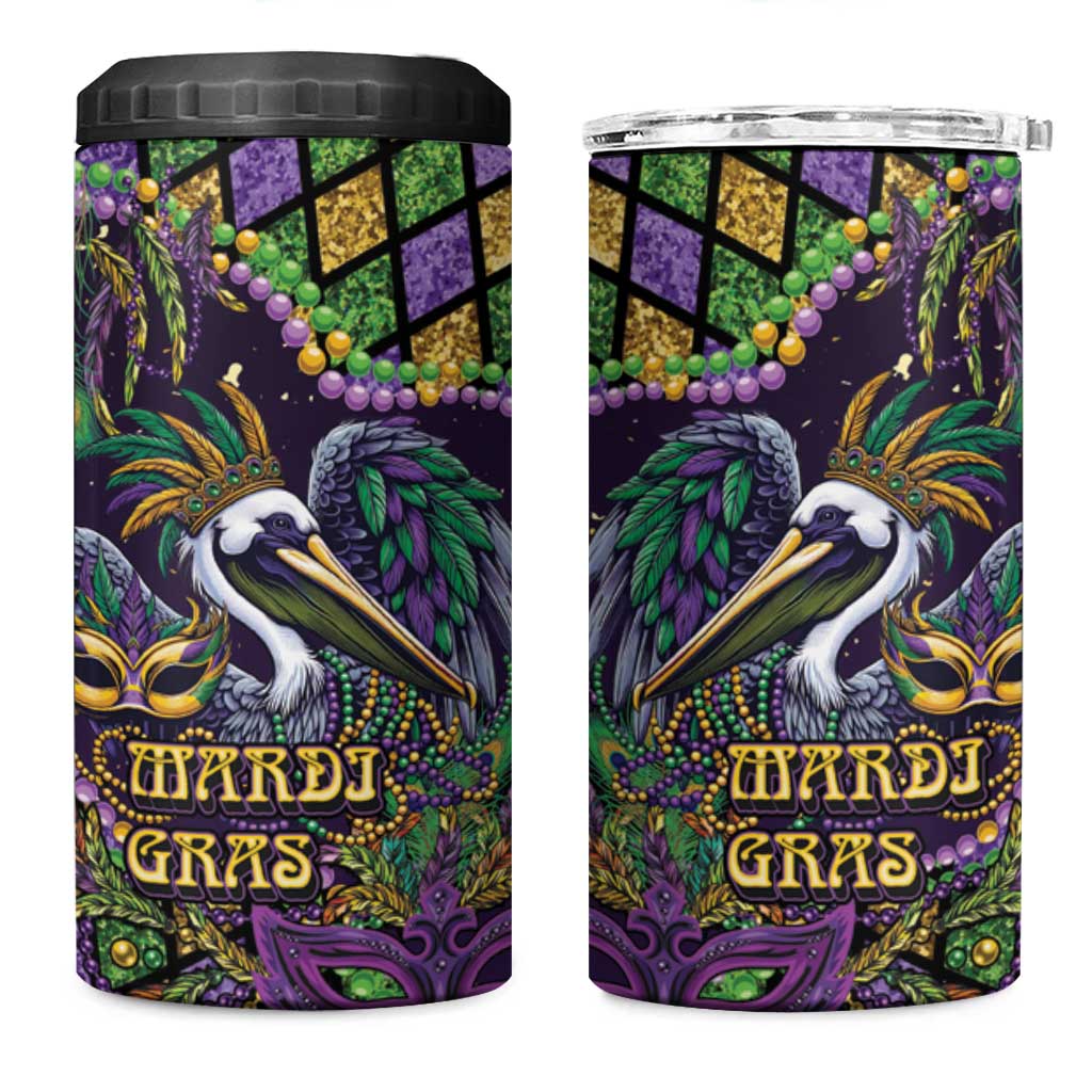 Mardi Gras Pelican 4 in 1 Can Cooler Tumbler Crowned Feathers Carnival Reign - Wonder Print Shop