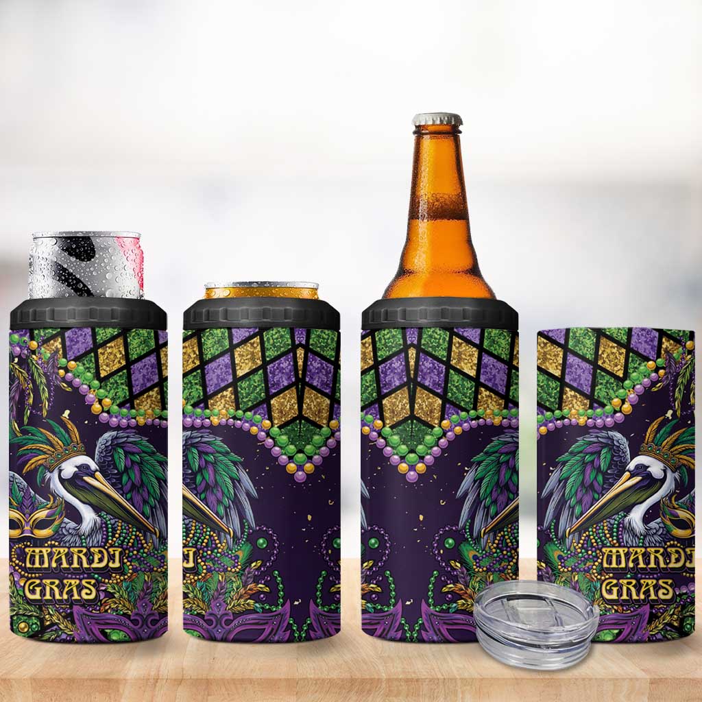 Mardi Gras Pelican 4 in 1 Can Cooler Tumbler Crowned Feathers Carnival Reign - Wonder Print Shop
