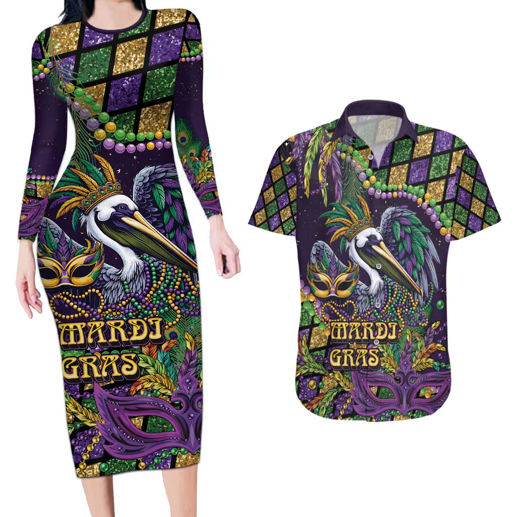 Mardi Gras Pelican Couples Matching Long Sleeve Bodycon Dress and Hawaiian Shirt Crowned Feathers Carnival Reign - Wonder Print Shop