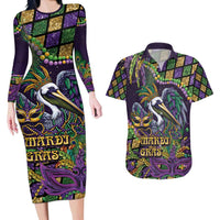 Mardi Gras Pelican Couples Matching Long Sleeve Bodycon Dress and Hawaiian Shirt Crowned Feathers Carnival Reign - Wonder Print Shop