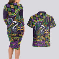 Mardi Gras Pelican Couples Matching Long Sleeve Bodycon Dress and Hawaiian Shirt Crowned Feathers Carnival Reign - Wonder Print Shop