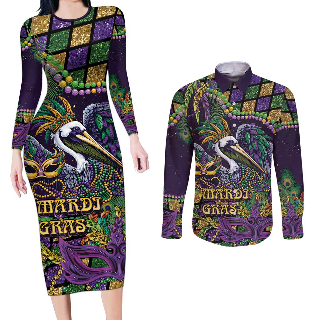 Mardi Gras Pelican Couples Matching Long Sleeve Bodycon Dress and Long Sleeve Button Shirt Crowned Feathers Carnival Reign - Wonder Print Shop