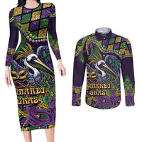 Mardi Gras Pelican Couples Matching Long Sleeve Bodycon Dress and Long Sleeve Button Shirt Crowned Feathers Carnival Reign - Wonder Print Shop