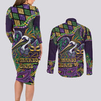 Mardi Gras Pelican Couples Matching Long Sleeve Bodycon Dress and Long Sleeve Button Shirt Crowned Feathers Carnival Reign - Wonder Print Shop