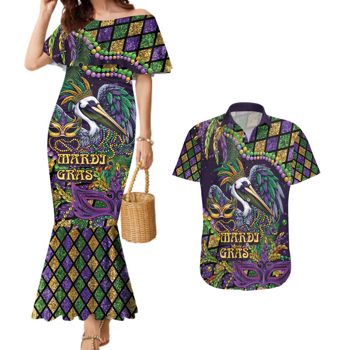Mardi Gras Pelican Couples Matching Mermaid Dress and Hawaiian Shirt Crowned Feathers Carnival Reign - Wonder Print Shop