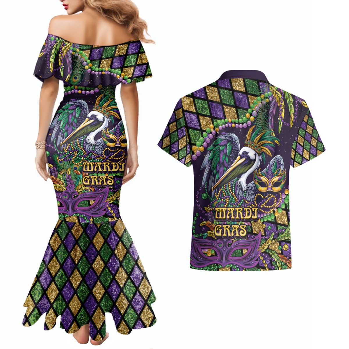 Mardi Gras Pelican Couples Matching Mermaid Dress and Hawaiian Shirt Crowned Feathers Carnival Reign - Wonder Print Shop