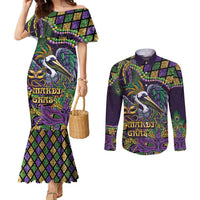 Mardi Gras Pelican Couples Matching Mermaid Dress and Long Sleeve Button Shirt Crowned Feathers Carnival Reign - Wonder Print Shop